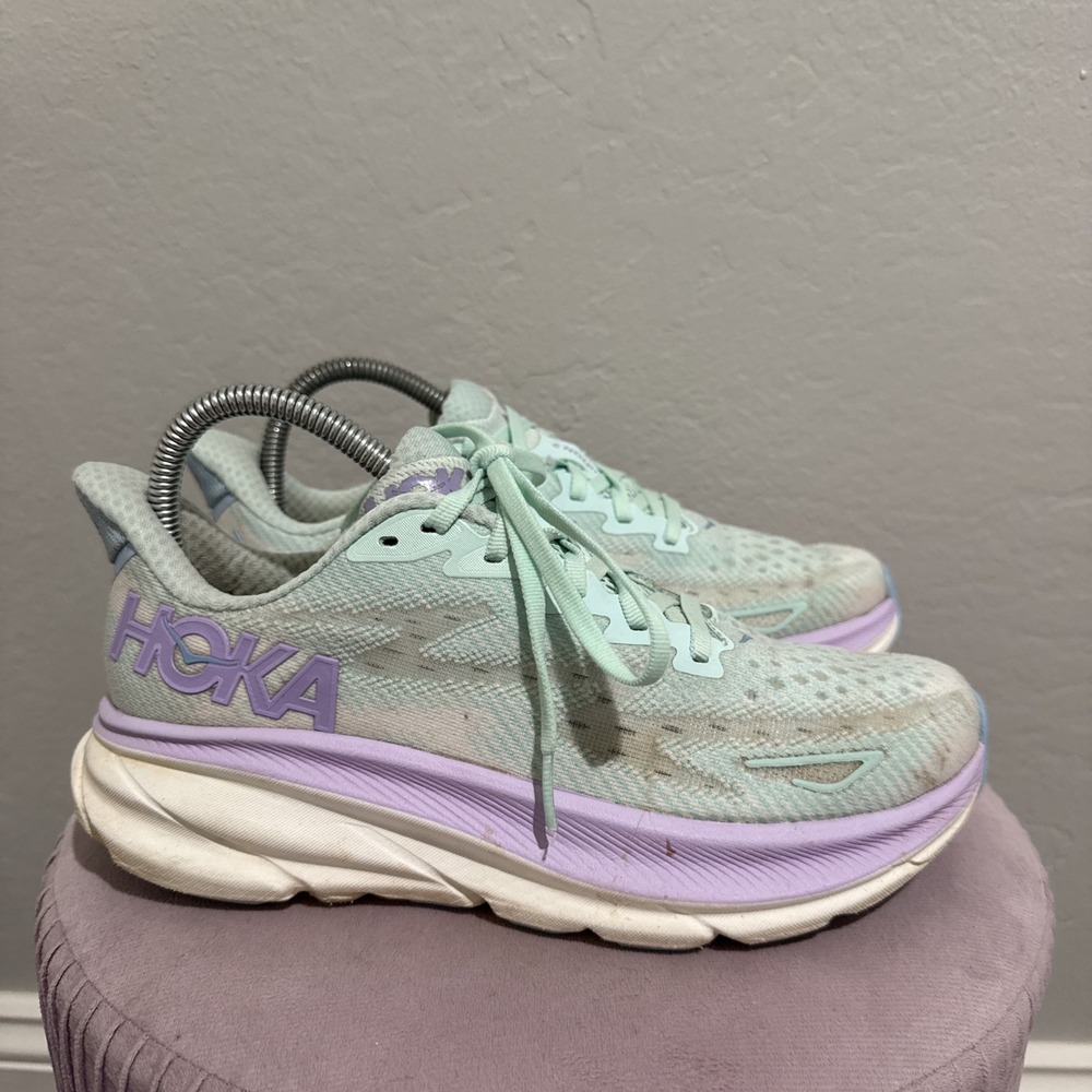 Hoka Clifton 9 Running Shoes Womens 7B Mint Green Purple Sneakers 1127896